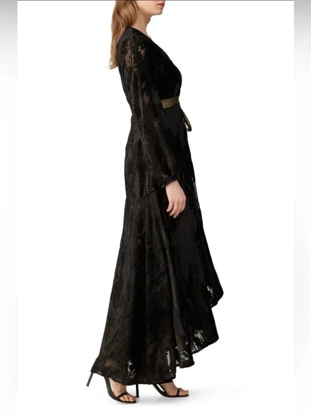 HUTCH Celine Gown Elegant Black Burnout Velvet Maxi Wrap Dress Party Wedding S - Picture 6 of 11
